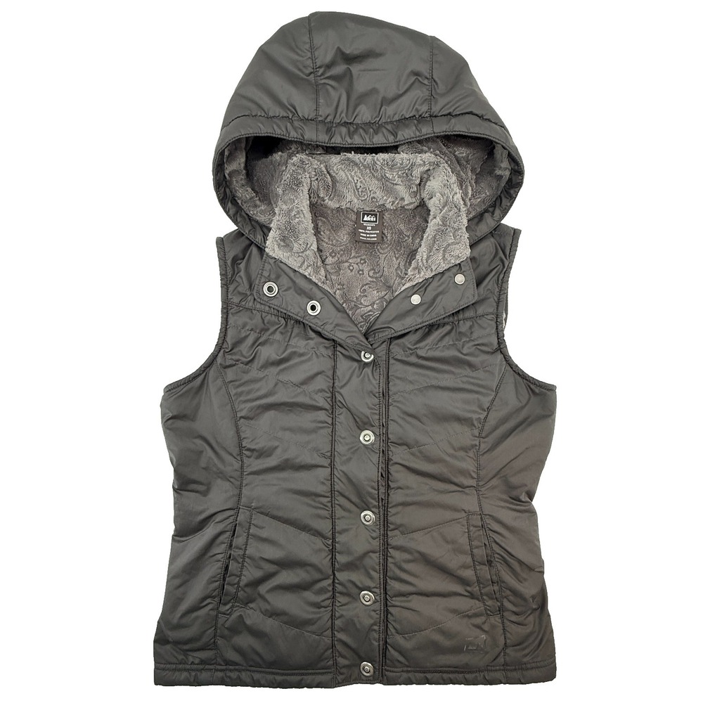 REI Womens XS Hooded Puffer Vest Gray Fleece Lined Outdoor Hiking